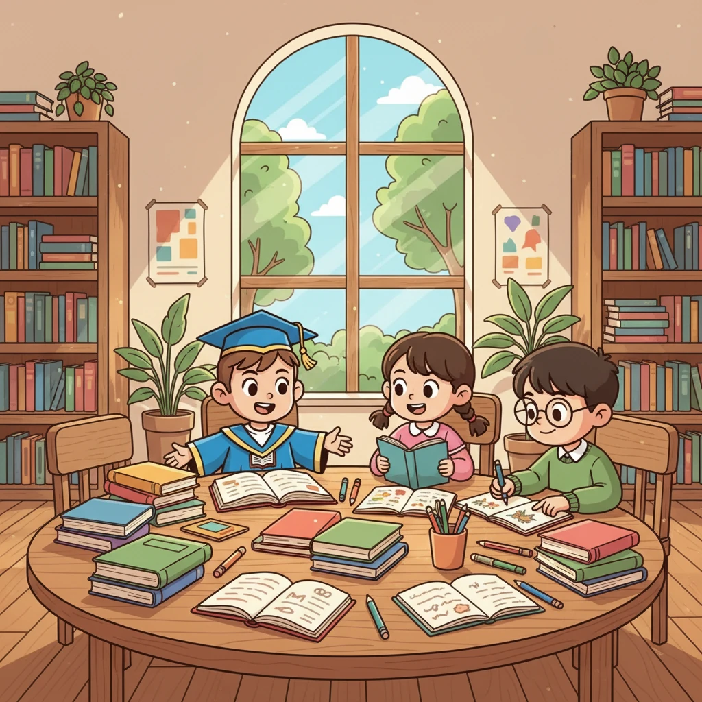 大家一起在圖書館查找資料，互相交流學習心得。他們圍坐在一起，分享著彼此的見解。書本和筆記本堆滿了桌面，他們的身影映在窗外的陽光中。