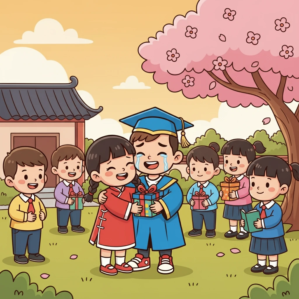 學期結束，大家依依不捨地告別。他們互贈禮物，互相擁抱，表達著對彼此的感謝和祝福。離別的氣氛中，充滿了溫暖和感動。