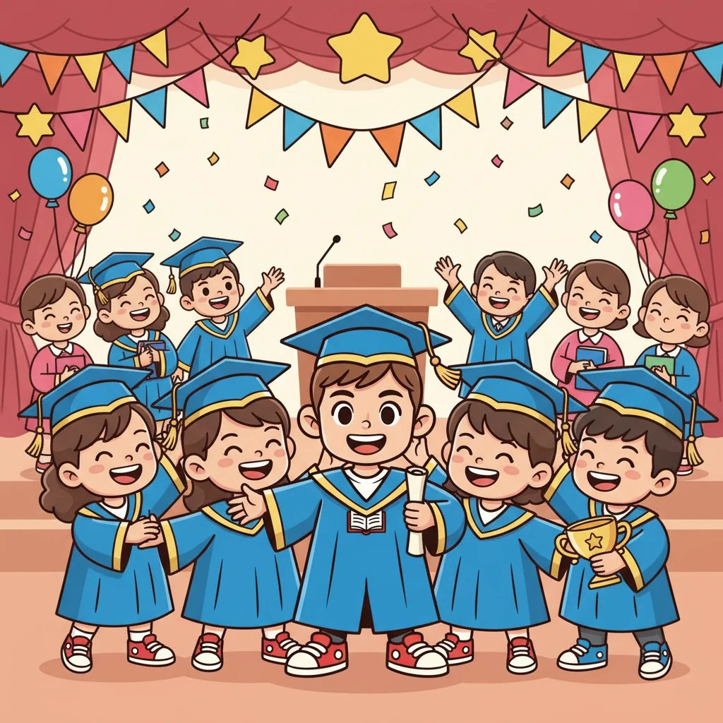 樂學和朋友們在畢業典禮上，他們穿著學士服，笑容燦爛。他們互相祝賀，慶祝著共同的成就。他們的友誼將永遠銘刻在心中。