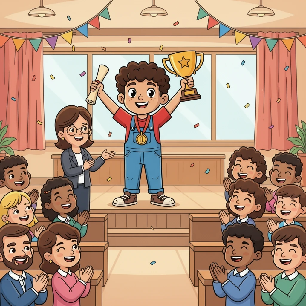 Con el paso de los años, Mateo se convirtió en un estudiante brillante. Su dedicación lo llevó a obtener el primer puesto. Su maestra, sus padres y todos sus compañeros estaban muy orgullosos.