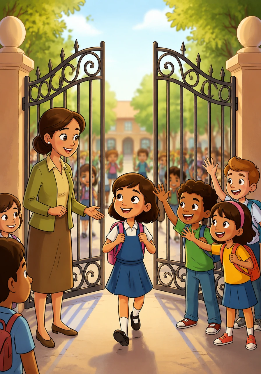 As she walks through the school gates, she is greeted by the cheerful voices of her friends and the welcoming sight of her teachers. The school is a place where her dreams begin to take flight.