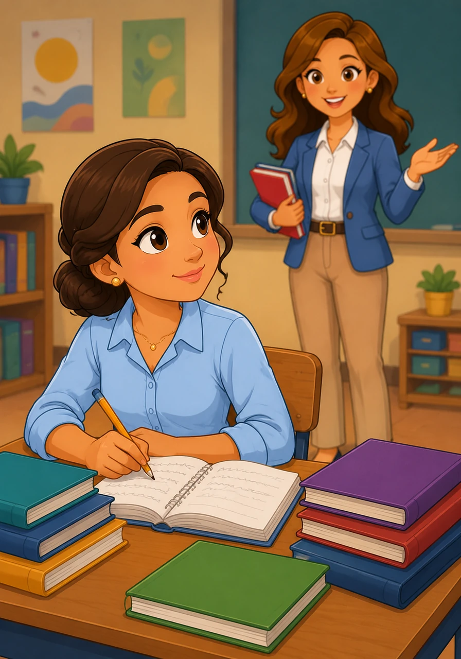 Inside the classroom, Arujan listens intently to her teacher, absorbing every lesson with focused curiosity. Her desk is filled with colorful books and notes that represent her hard work and dedication.