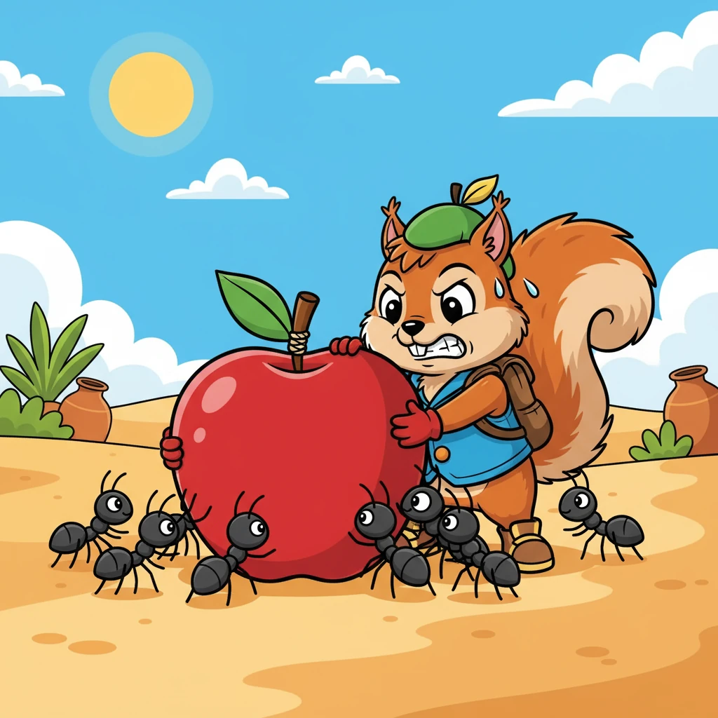 چنٹو نے سیب کو دھکیلنے کی کوشش کی، لیکن وہ بہت بھاری تھا۔ اس نے چیونٹیوں کو مدد کے لیے بلایا۔ سب نے مل کر سیب کو دھکیلنا شروع کیا۔