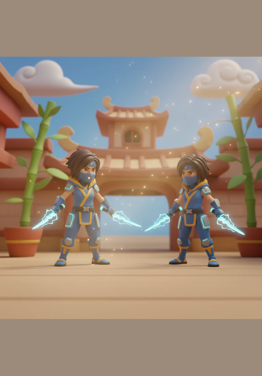 Kenji stands in the center of the sun-drenched Monastery of Spinjitzu, his red gi glowing against the ancient stone floor. He strikes a wooden training dummy with precision, his movements echoing the legendary style of his father. The air is still, filled only with the rhythmic sound of his training.