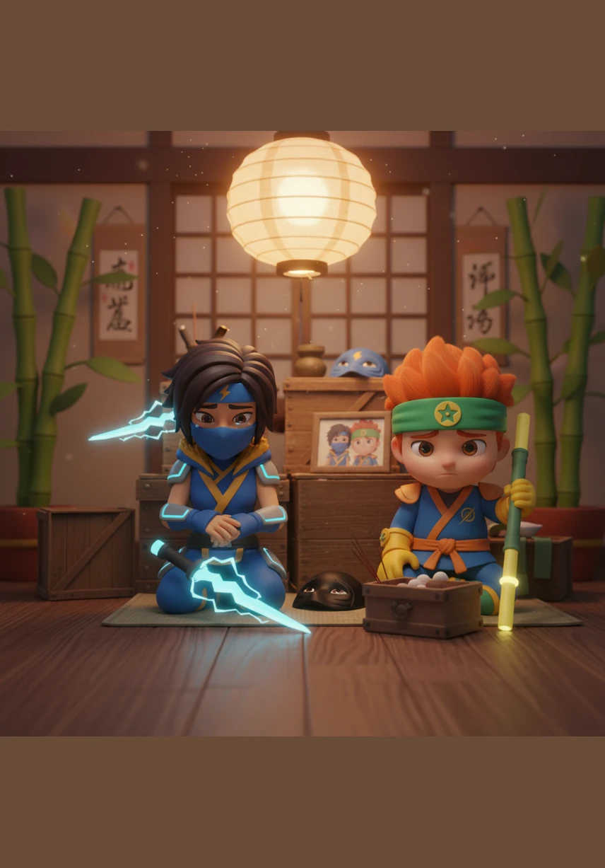 High above on the wooden balcony, Kai and Nya watch their son with pride and a hint of worry. They know the burden of the elemental legacy is heavy, but Kenji’s spirit burns brighter than any flame they have seen before. They share a quiet moment, reflecting on the peace they fought so hard to build.