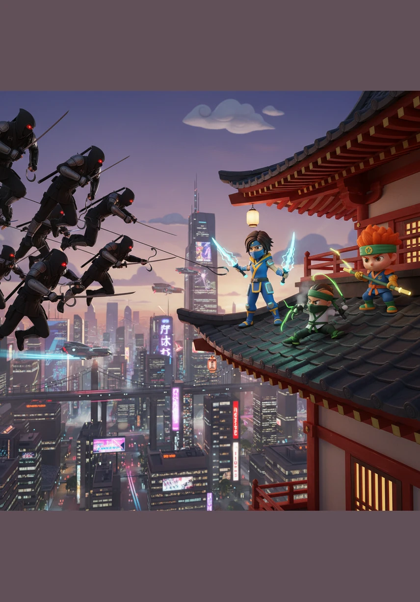 Suddenly, a dark purple ripple tears through the sky over Ninjago City, signaling the arrival of a digital virus. The alarm bells of the monastery ring out, calling the young ninjas to face a threat unlike anything their parents ever fought. The sky turns a bruised violet as the glitch spreads.