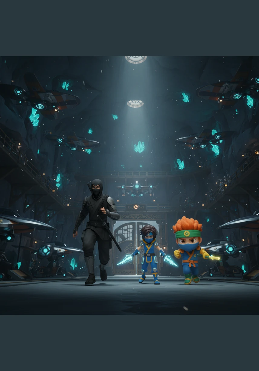 The heroes rush to the hidden hangar where their massive elemental mechs await, gleaming with polished chrome and translucent energy cores. Kenji climbs into the cockpit of the Dragon-Fire Mech, feeling the hum of power beneath his fingertips. The machines roar to life, ready to defend their home.