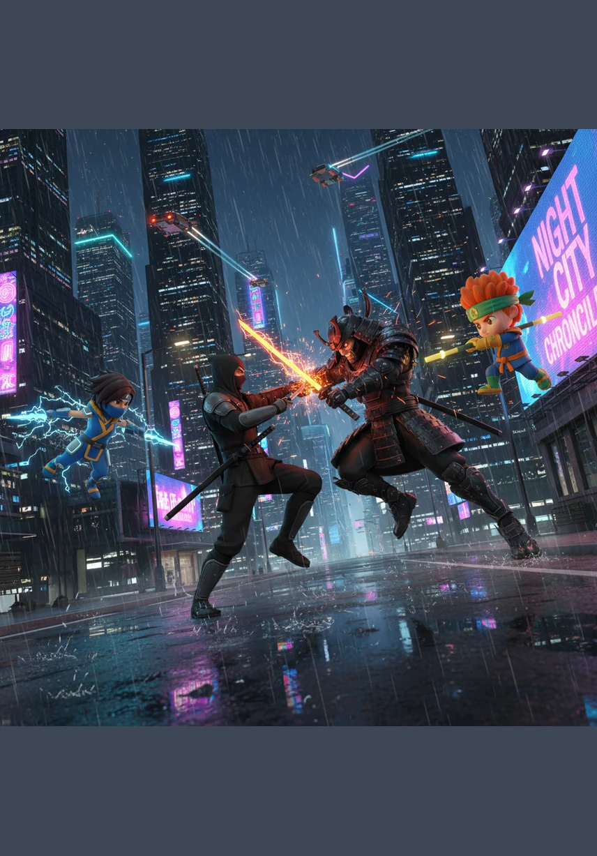 In the heart of the neon-lit city, glitching shadow-bots phase through buildings and disrupt the power grid. The team deploys from their flyers, landing gracefully on the pavement to protect the fleeing citizens from the digital swarm. Sparks fly as the bots clash with the heroes' elemental weapons.