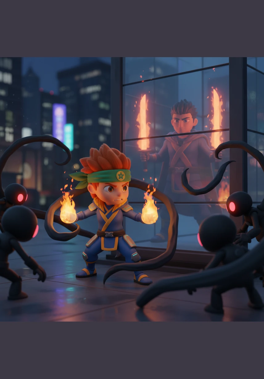 Kenji tries to summon his flames to push back the shadows, but his fire flickers and dies under the pressure of the moment. He looks at his reflection in a glass building, seeing only the legend of his father instead of his own strength. The shadow-bots begin to circle him, sensing his hesitation.