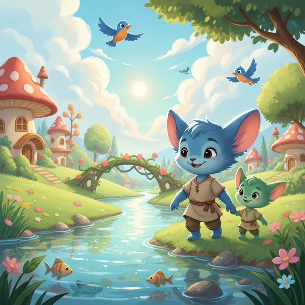 Next, Nuoy led Ek to the sparkling river that flowed through their community. The water was clear and clean, reflecting the bright sky. They watched the fish swim and the birds fly overhead.