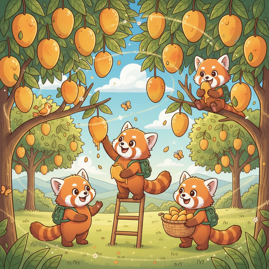 Their next stop was the mango orchard, overflowing with ripe, juicy mangoes. The sweet scent filled the air, and they plucked a few to enjoy.