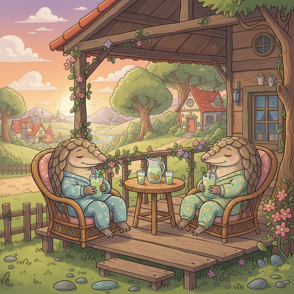 After all the sightseeing, Nuoy and Ek were tired and went home to rest. They sat on the porch, sipping cool drinks and sharing stories.