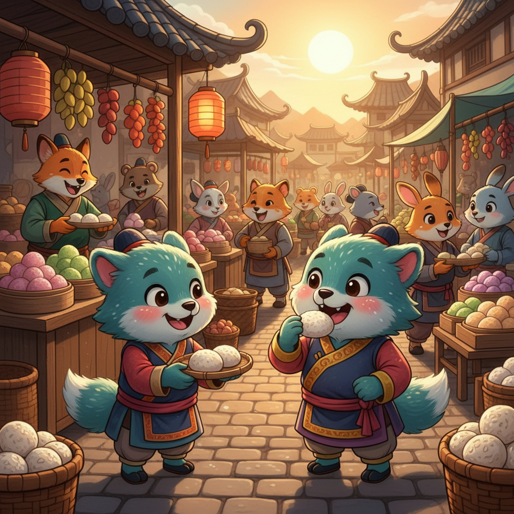 In the afternoon, Nuoy took Ek to the market. They sampled delicious, traditional rice cakes, savoring the flavors of their community.