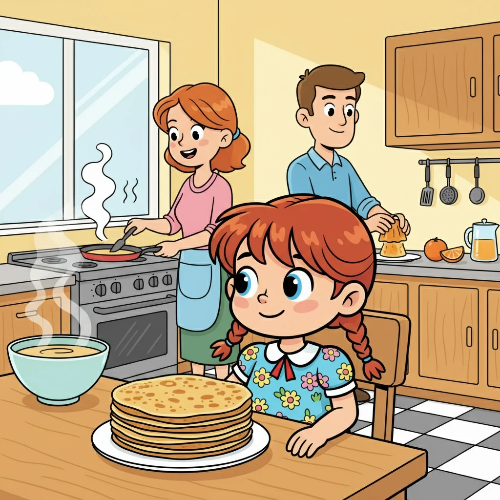 Dans la cuisine, le parfum alléchant des crêpes embaume l'air. Maman est aux fourneaux, souriante, tandis que Papa prépare le jus d'orange. Élise s'assoit à la table, impatiente de déguster son petit-déjeuner.