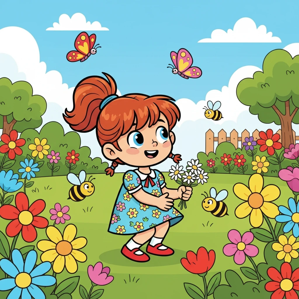 Après le petit-déjeuner, Élise explore le jardin verdoyant. Des papillons colorés virevoltent autour des fleurs, et les abeilles bourdonnent joyeusement. Elle cueille des marguerites pour sa maman.
