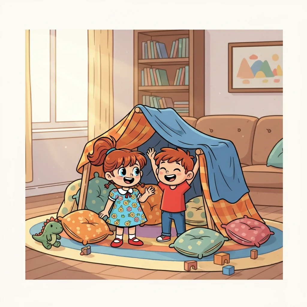 L'heure du jeu a sonné ! Élise et son frère, Théo, construisent une cabane avec des coussins et des couvertures dans le salon. Ils rient aux éclats, imaginant des mondes fantastiques.