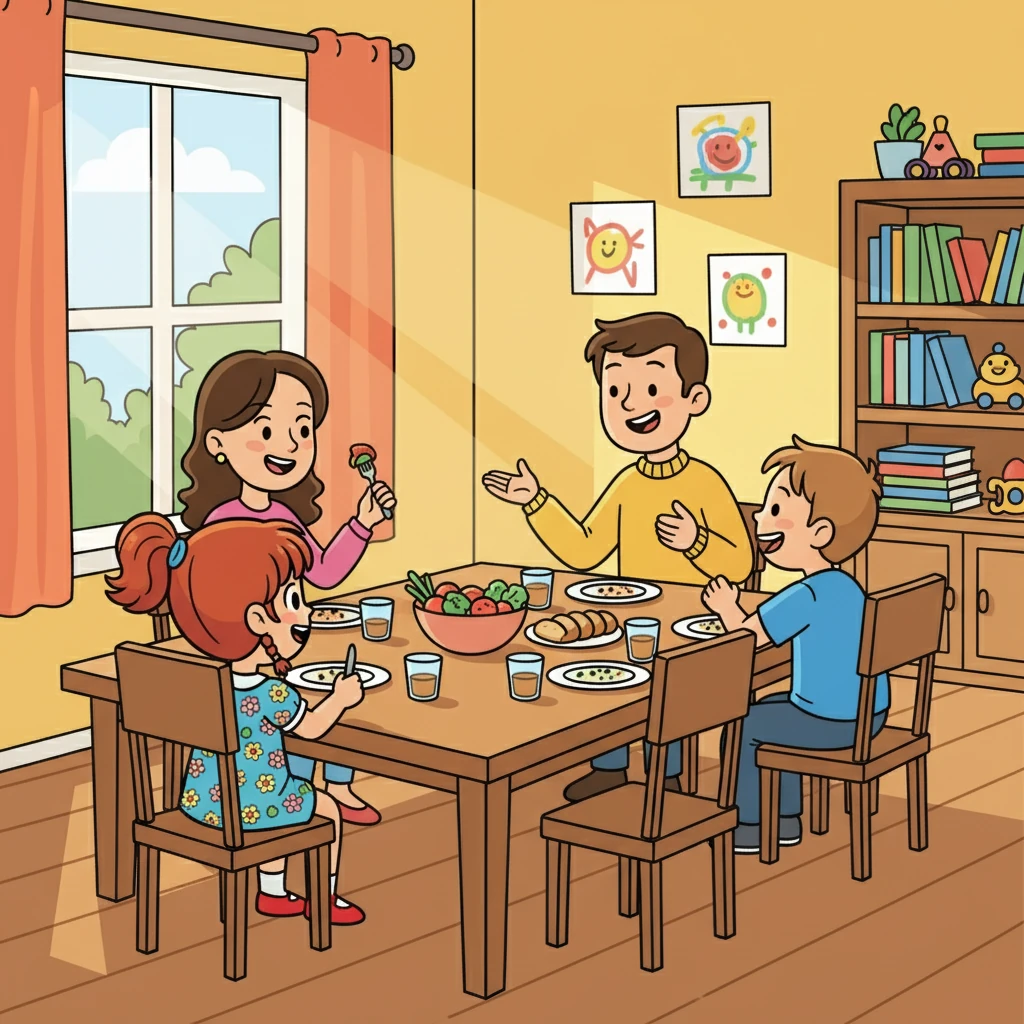 À midi, toute la famille se réunit autour de la table pour le déjeuner. On partage des histoires et des rires, créant des souvenirs précieux. Élise savoure chaque bouchée avec bonheur.