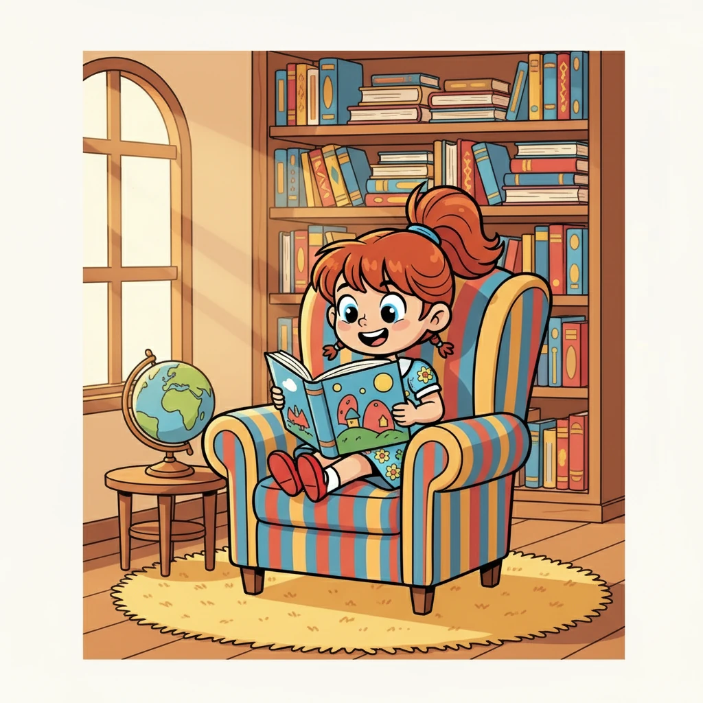 L'après-midi, Élise découvre un nouveau livre dans la bibliothèque. Elle s'installe confortablement dans un fauteuil, fascinée par les illustrations colorées et les histoires captivantes.