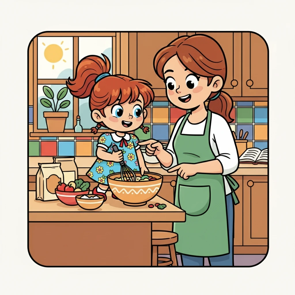 Il est temps d'aider à la maison ! Élise participe avec enthousiasme à la préparation du dîner, mélangeant les ingrédients avec sa maman. Elle apprend de nouvelles recettes et s'amuse beaucoup.