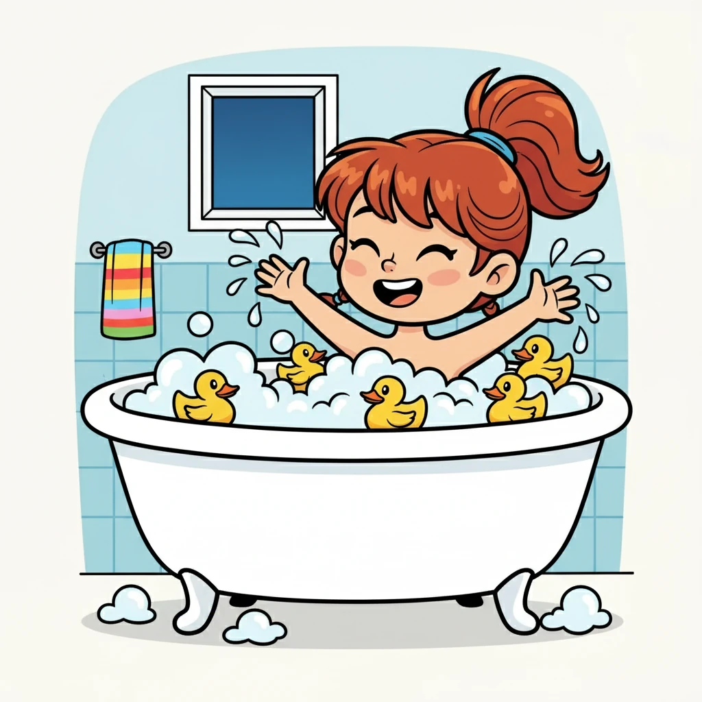 Le soir, Élise prend un bain moussant, entourée de canards en plastique. Elle chante des chansons et éclabousse joyeusement. C'est un moment de détente et de pur plaisir.
