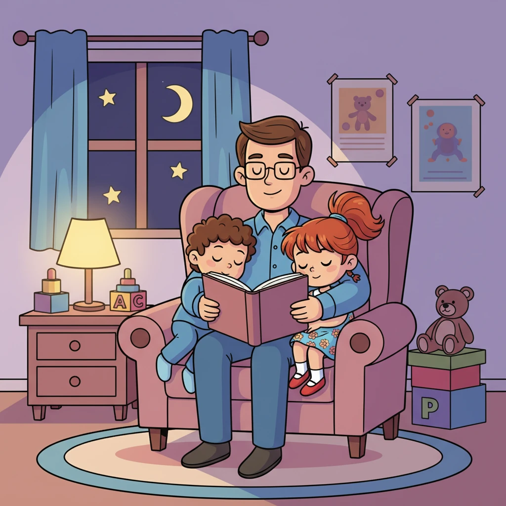 Avant de dormir, Papa lit une histoire à Élise et Théo. La voix douce de Papa les berce, et ils s'endorment paisiblement, rêvant de nouvelles aventures.