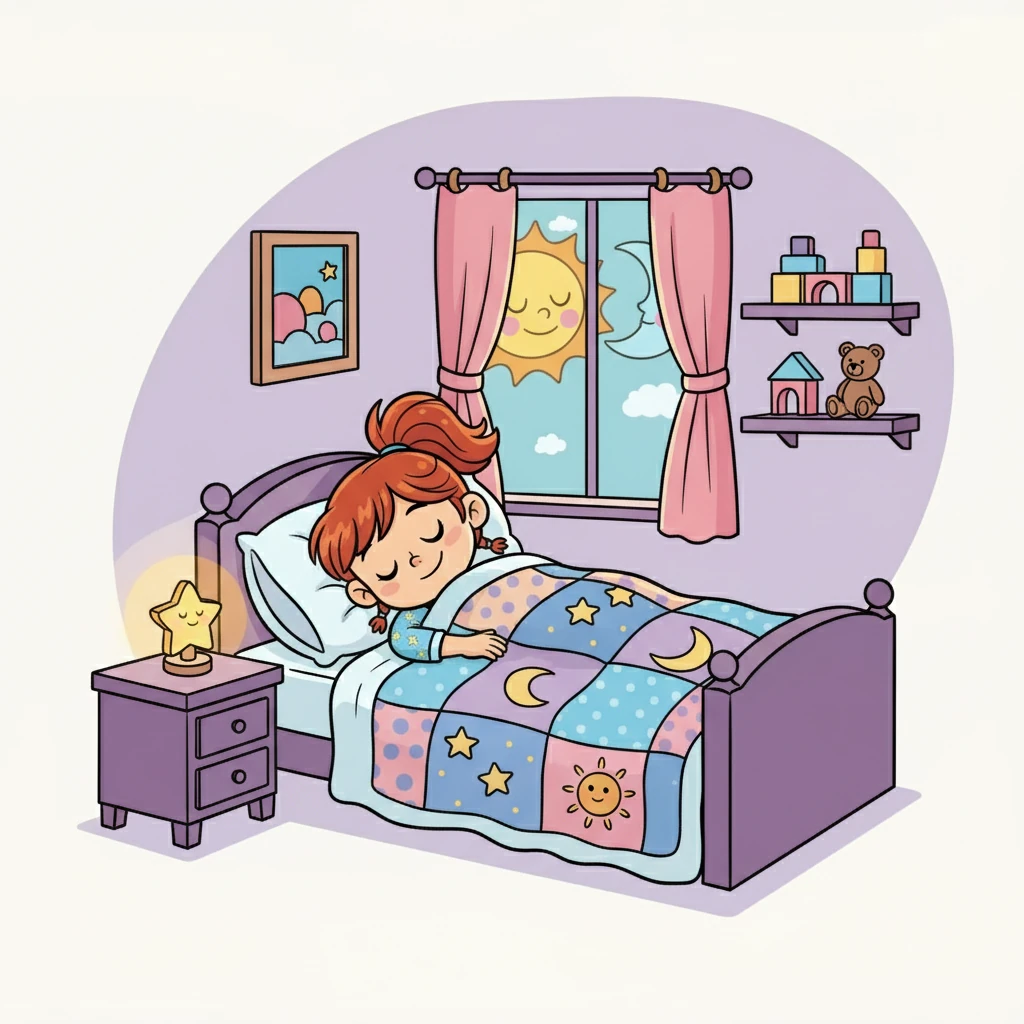 Élise, lovée dans son lit, remercie le soleil et la lune pour cette merveilleuse journée. Elle s'endort avec le sourire, impatiente de découvrir ce que demain lui réserve.