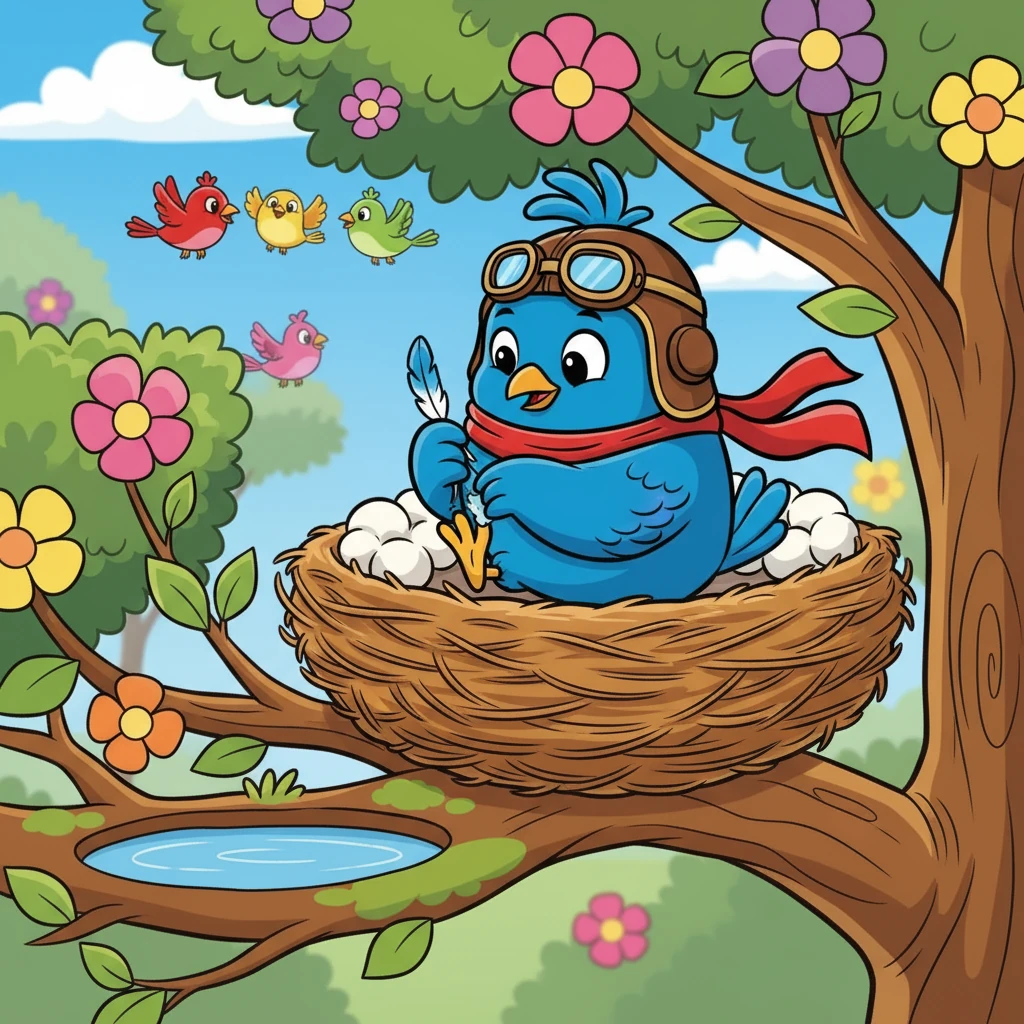 Um pequeno passarinho azul chamado Lalu vivia em um ninho aconchegante no alto de uma árvore florida. Ele tinha asas brilhantes, um topete fofo e olhos curiosos que refletiam o céu. Lalu adorava se olhar no reflexo da água, limpando suas unhas, arrumando cada pena do topete e polindo o bico até brilhar. Enquanto seus amigos brincavam e voavam felizes, Lalu dizia: “Eu só posso voar quando tudo estiver perfeito — minhas unhas, meu topete, meu bico… tudo do meu jeitinho!”