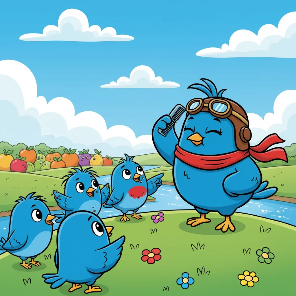 Lalu observa seus amigos voltando das aventuras. Eles chegam com as penas bagunçadas, os pezinhos sujos e os olhinhos brilhando de tanta alegria. Contam sobre nuvens em forma de dragões, campos cheios de frutas e rios que brilham como espelhos. Mas Lalu apenas suspira e continua penteando seu topete.