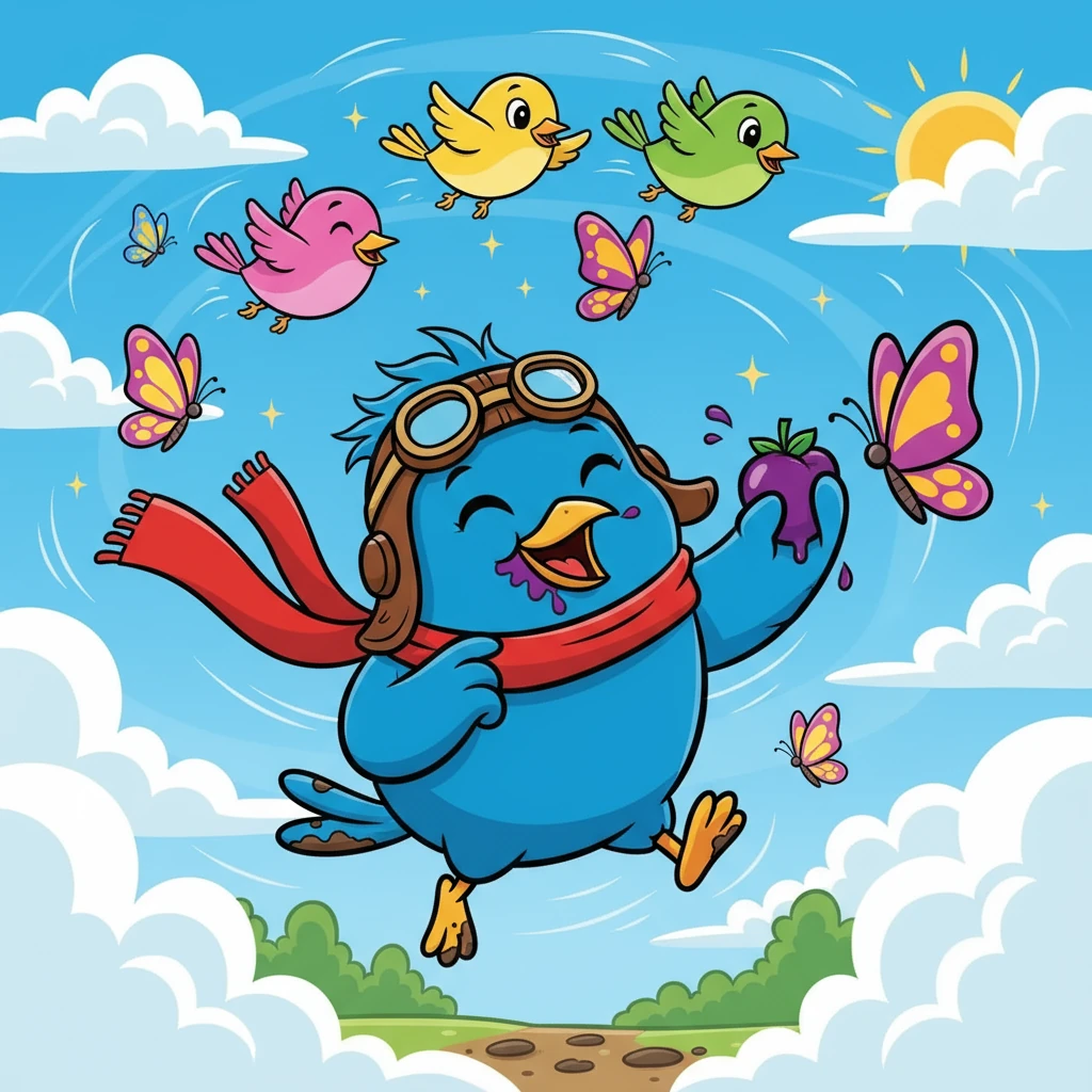 Lalu dá risadas e voa mais alto. Ele brinca com os amigos entre as nuvens, persegue borboletas, prova frutas doces e sente o vento bagunçar suas penas. Quando volta para casa, está cheio de alegria, com o bico sujo, os pezinhos enlameados e o coração leve como o ar.