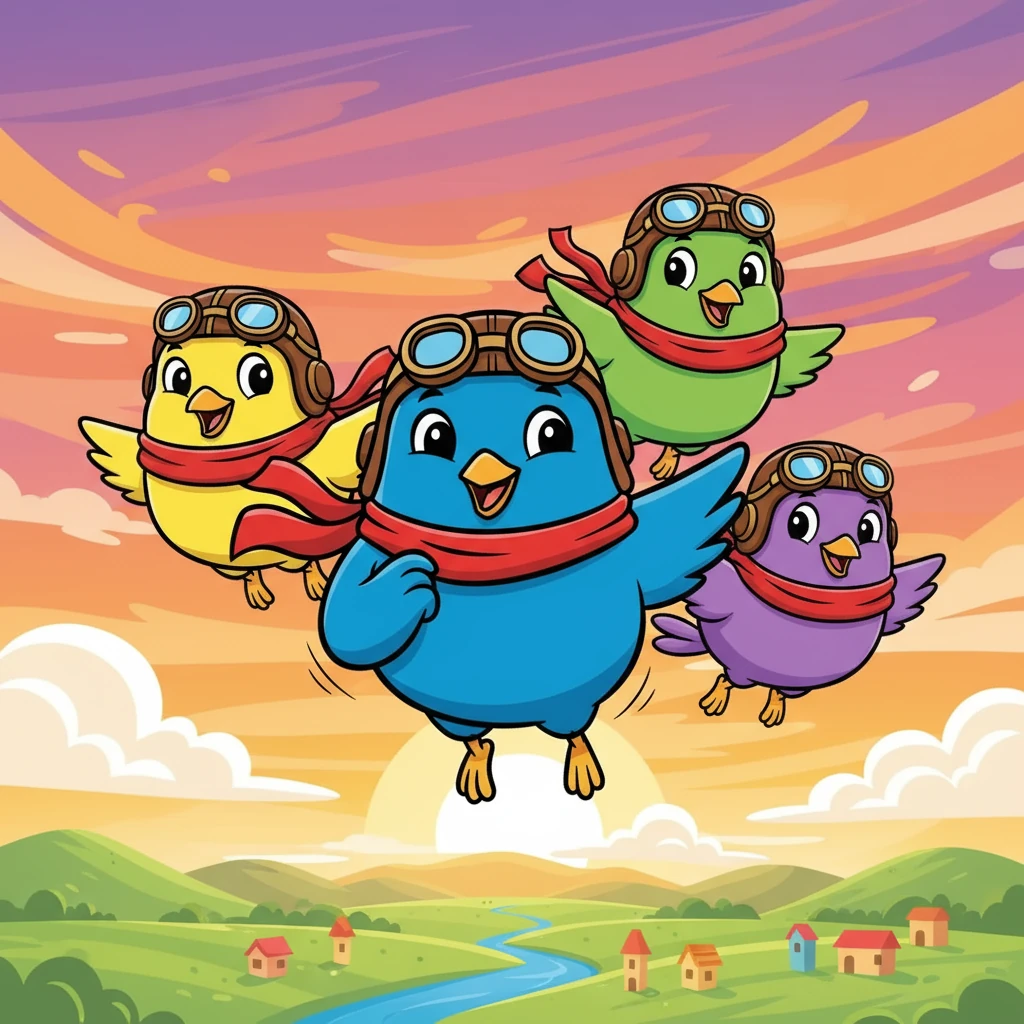 Lalu e seus amigos voam juntos sob um pôr do sol colorido, explorando o mundo vasto e bonito abaixo deles. A alegria é evidente em seus rostos, enquanto o vento dança em suas penas.