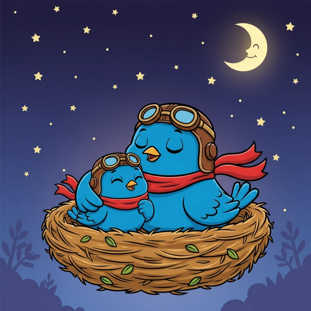 Lalu e sua mãe, aconchegados no ninho, observam o céu estrelado. A tranquilidade da noite traz uma sensação de paz e satisfação, selando a lição aprendida.