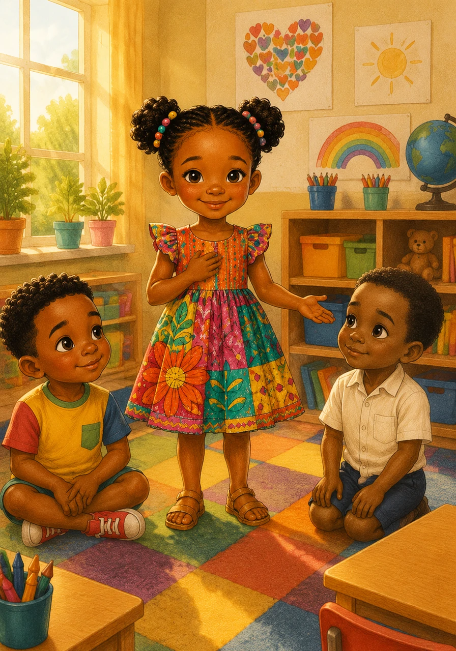 Abby stands in her bright, colorful classroom as the warm morning sun streams through the window. She wears a gentle smile and a colorful dress, ready to start a day filled with kindness and love.