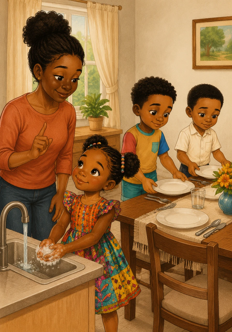 At home, Abby listens carefully when her mother asks her to wash her hands and help set the table for dinner. She obeys with a joyful heart, knowing that listening to her parents is a way to show her love.