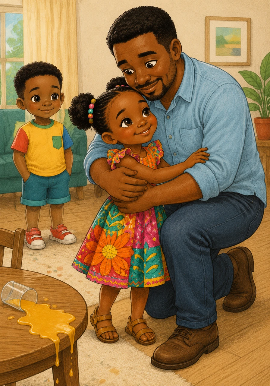 After accidentally spilling a glass of juice, Abby goes straight to her father to tell him what happened instead of hiding it. Her honesty shines bright, and her father gives her a proud hug for being brave enough to tell the truth.