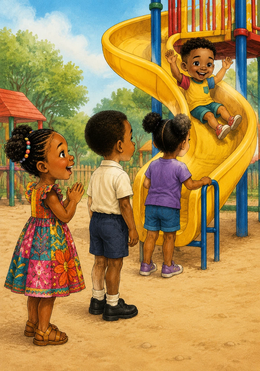 Abby stands patiently at the back of the line for the tall, curly slide, cheering for her friends as they take their turns. She knows that waiting with a happy heart makes the fun even better when it is finally her turn to slide down.