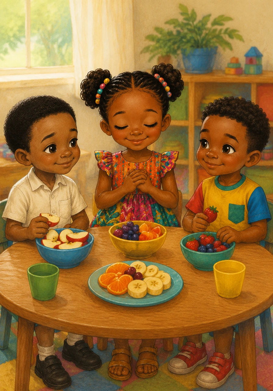 During snack time, Abby closes her eyes for a moment to feel thankful for the delicious fruit and the friends sharing it with her. Her heart is full of gratitude for the many small blessings she receives throughout the day.