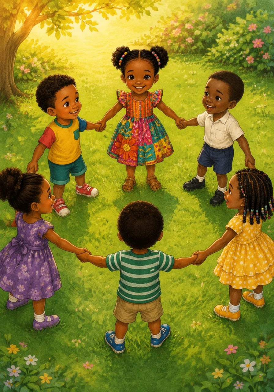 Under the soft glow of the afternoon sun, Abby and all her friends hold hands in a big, happy circle on the grass. Their laughter fills the air as they celebrate the beautiful bond of friendship they have built by being kind to one another.