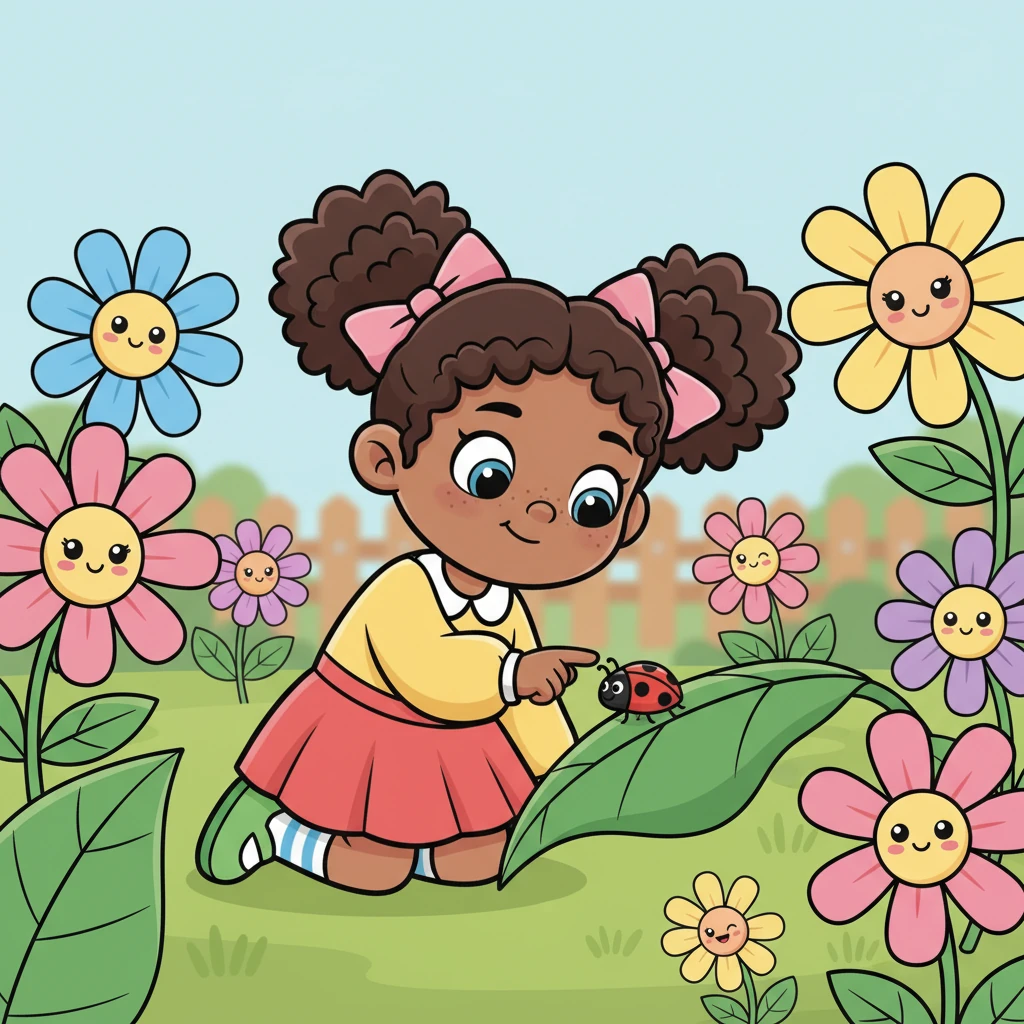 Lily, a bright-eyed girl with bouncy pigtails, explored her vibrant backyard garden, feeling a little restless. She gently poked a ladybug on a big, green leaf, surrounded by oversized, cheerful flowers that seemed to smile.
