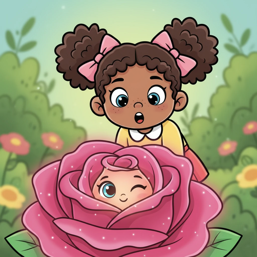 Suddenly, Lily noticed a particularly vibrant, deep pink rose, its petals shimmering with an unusual glow. As she leaned closer, a tiny, friendly face with sparkling eyes peeked out from among the soft petals, winking playfully at her.