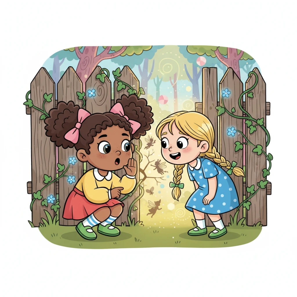 Rosalie leaned in conspiratorially and told Lily about a forgotten magical world, hidden just beyond their garden fence. It was a place of shimmering light, playful creatures, and endless enchantment, just waiting to be discovered.
