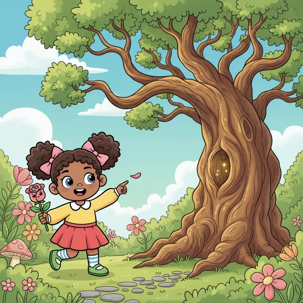 With a delicate petal, Rosalie pointed towards an old, gnarled oak tree at the very edge of the garden, its ancient branches reaching high into the sky. She whispered that the path to the magical world began there, but only for those who truly believed.
