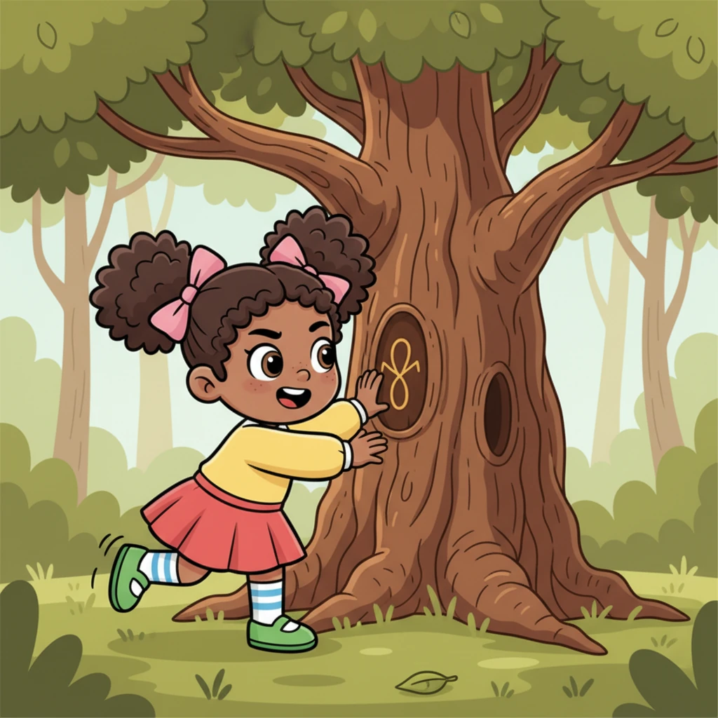 Filled with determination and a spark of courage, Lily raced towards the ancient oak tree, her pigtails bouncing with every step. She carefully inspected the rough, textured bark, her eyes scanning for any sign of a hidden entrance.