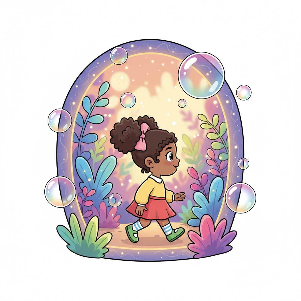 Taking a deep, excited breath, Lily stepped through the shimmering archway, her silhouette momentarily framed by the magical portal. On the other side, the familiar garden transformed into a breathtaking kaleidoscope of glowing plants and floating, iridescent bubbles.