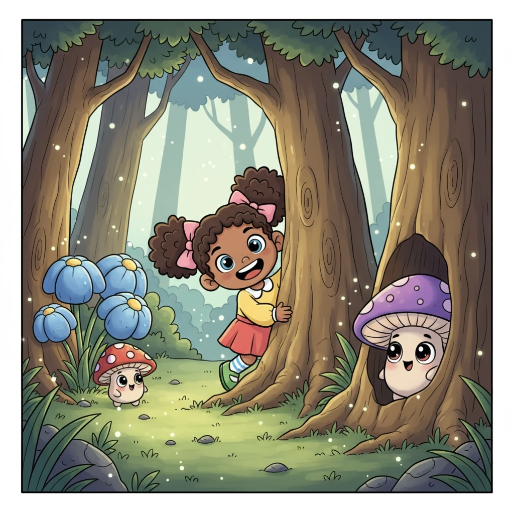 She found herself in a fantastical clearing where whimsical, mushroom-like creatures with big, friendly eyes were playing a joyful game of hide-and-seek among luminous, towering trees. Everything felt vibrantly alive and brimming with happiness.