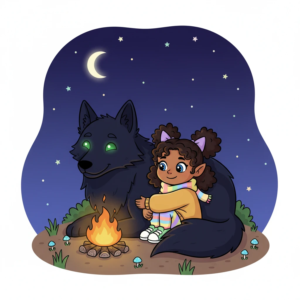 Under a sky sprinkled with stars, Nachtschatten, a magnificent shadow wolf with fur as dark as midnight, rested beside his cheerful elven companion, Lua. His eyes, usually glowing with mystery, now held a soft, contented green hue, reflecting the gentle flicker of their small campfire. They shared a quiet moment, the air filled with the promise of new discoveries.