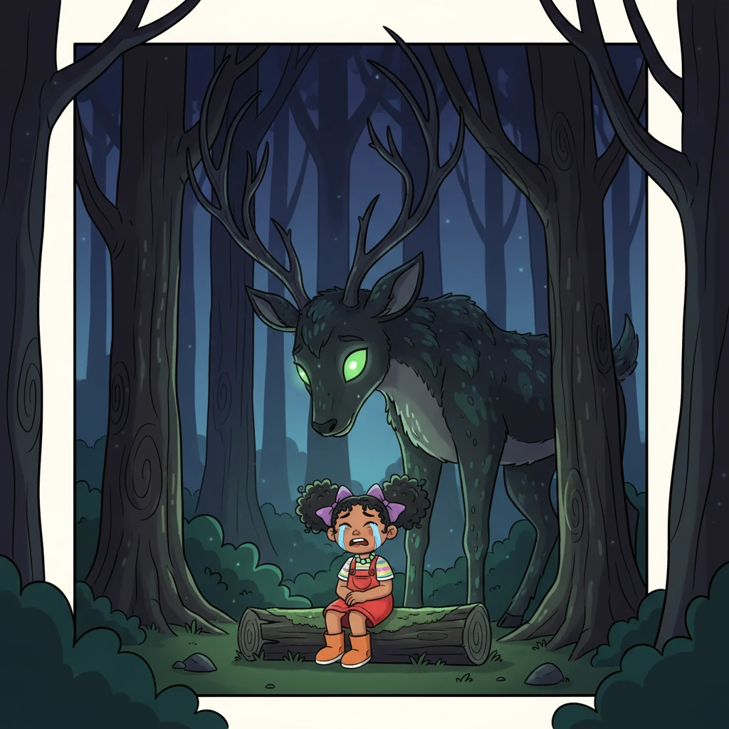 Long ago, young Lua found herself lost and tearful in a dense, magical forest, its ancient trees towering overhead. Suddenly, the imposing form of Nachtschatten emerged from the shadows, his presence both grand and reassuring. His eyes glowed with a soft, comforting green, a stark contrast to the shadowy woods.
