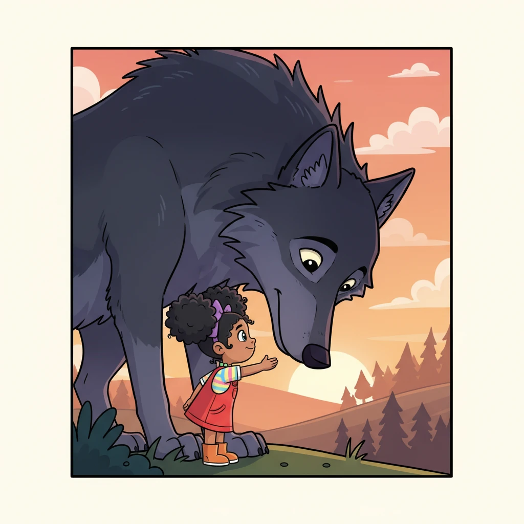 The giant wolf gently nudged Lua with his snout, a silent gesture of comfort and protection. His powerful, dark fur felt surprisingly soft, a safe haven in the vast wilderness. Lua, her tiny hand reaching out, felt a nascent trust bloom between them, sensing his kindness.
