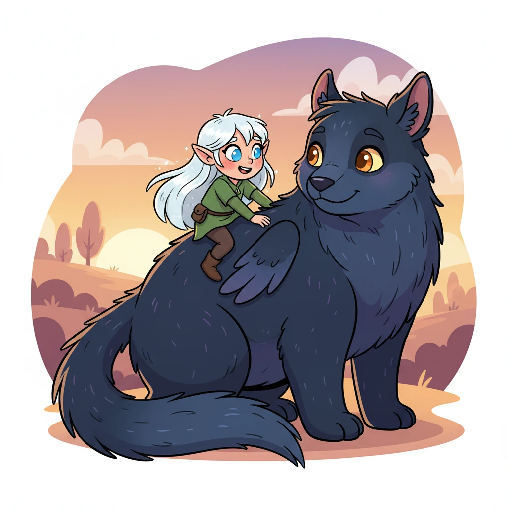 With newfound courage, Lua, her white hair shimmering, carefully climbed onto Nachtschatten's broad, warm back. He looked back at her with eyes of warm amber, a silent invitation to adventure. In that moment, an unbreakable bond formed between the mythical creature and the brave little elf.