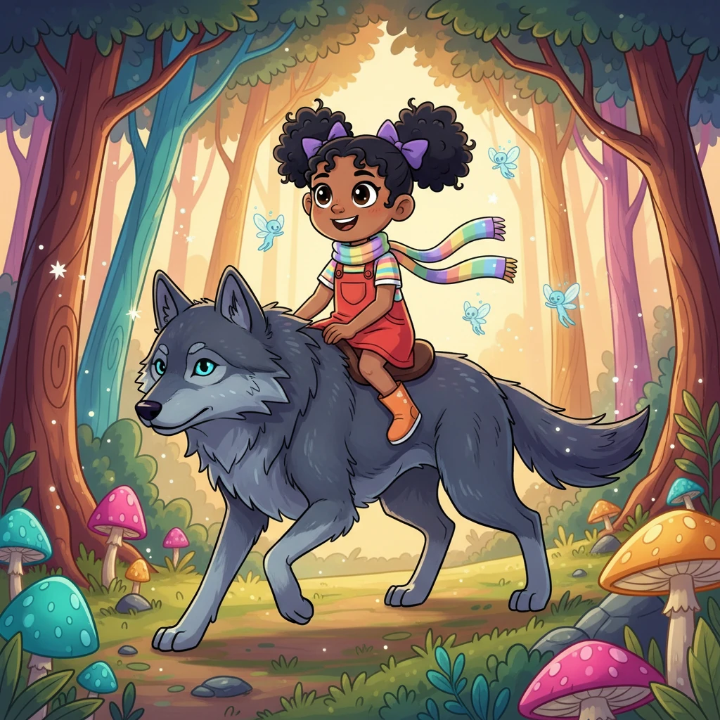 Their grand adventure began as they journeyed through a vibrant, whimsical forest, alive with glowing mushrooms and chattering, tiny sprites. Lua rode comfortably on Nachtschatten, her hair flowing in the breeze as the magnificent wolf moved with graceful power. Every rustle and whisper of the leaves told a story.