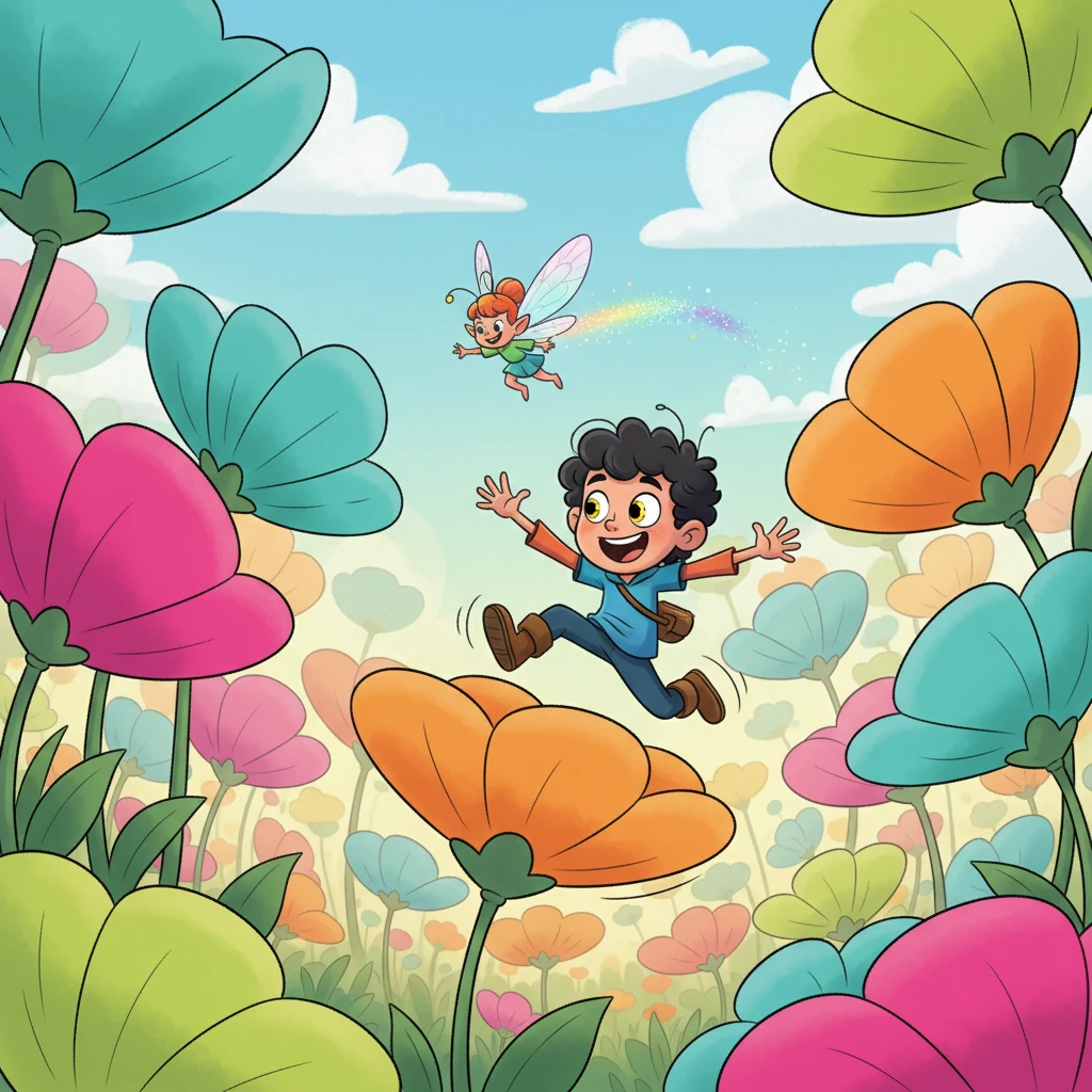 Suddenly, a mischievous, brightly colored pixie flitted across their path, leading them on a merry chase through a field of bouncy, giant flowers. Nachtschatten's eyes sparkled with playful amusement, shifting to a bright yellow as he bounded after the tiny sprite, a joyful game unfolding.